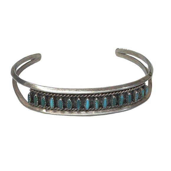 Vintage Jewelry - Signed Zuni Vintage Sterling Silver Needlepoint Turquoise Row Cuff Bracelet 925